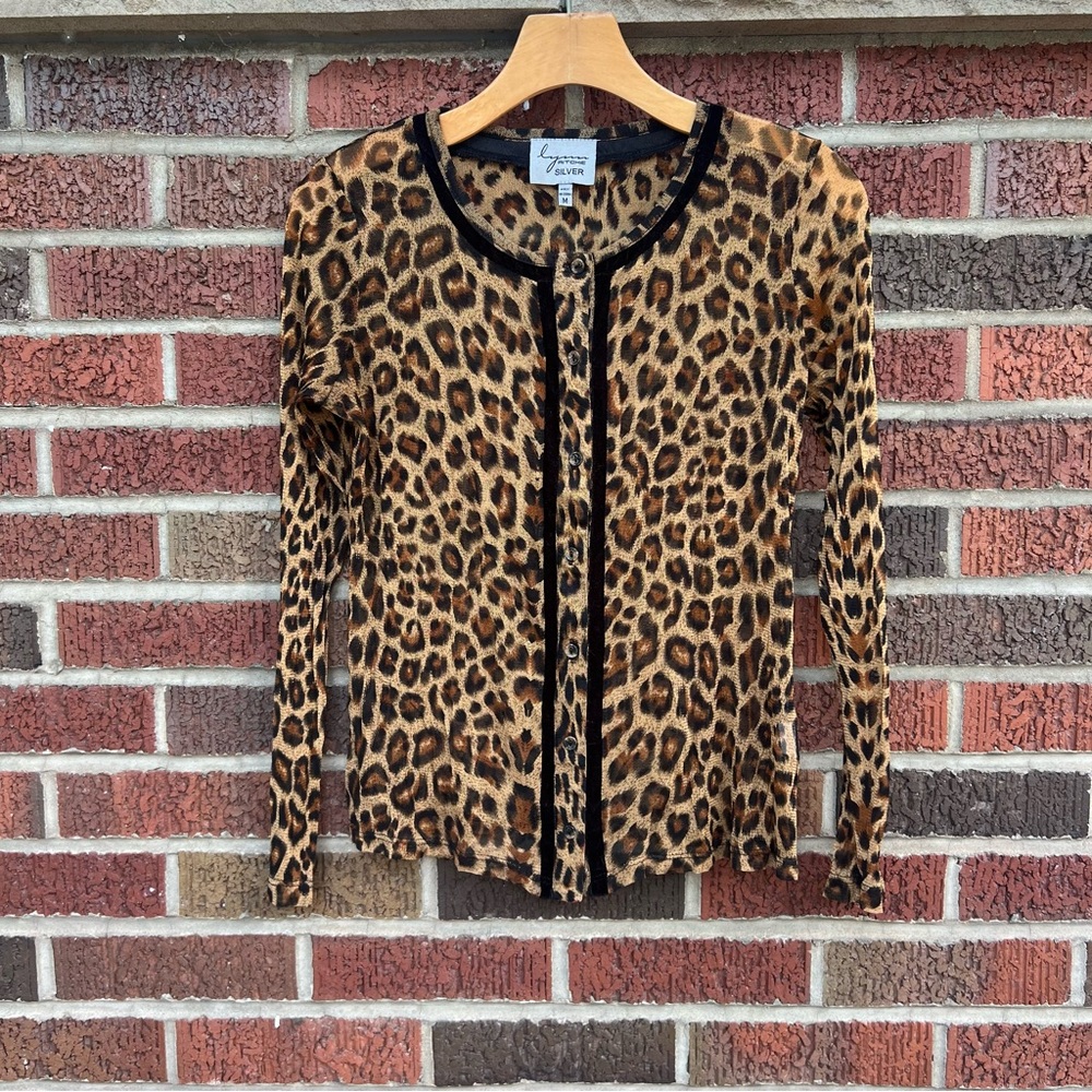 Lynn Ritchie Silver Tan and Black Cheetah Print Mesh Fabric Button Cardigan